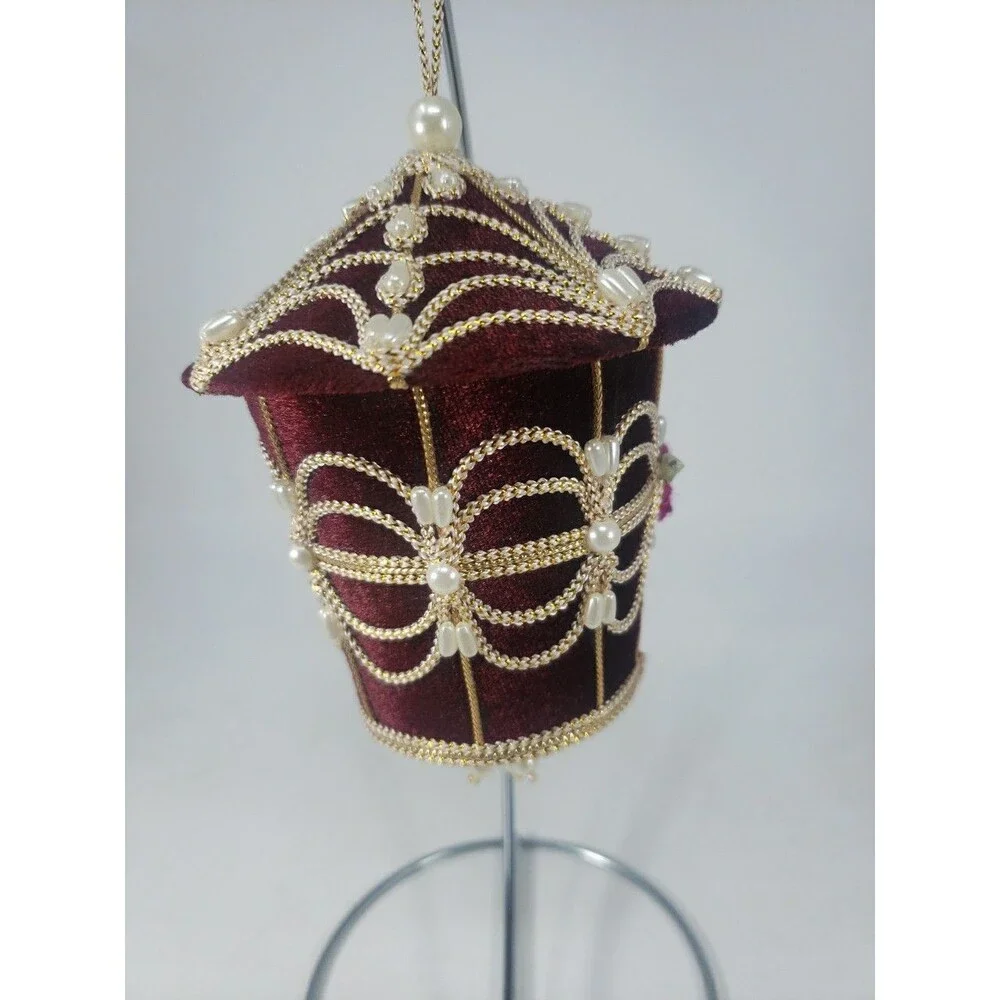 Velvet Beaded Birdhouse Ornament Maroon Christmas Made in Phillipines Excellent